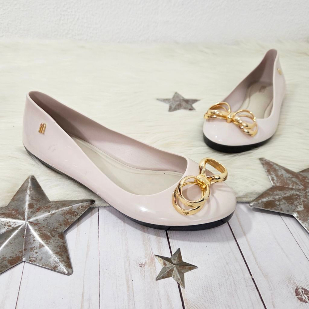 Melissa Color Feeling II rubber ballet flats gold bow taupe off-white size 6